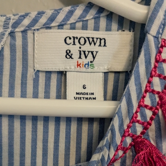 Crown & Ivy Kids Blue White Striped Pink Tassel Shirt Blouse - Size 6 - Picture 7 of 7